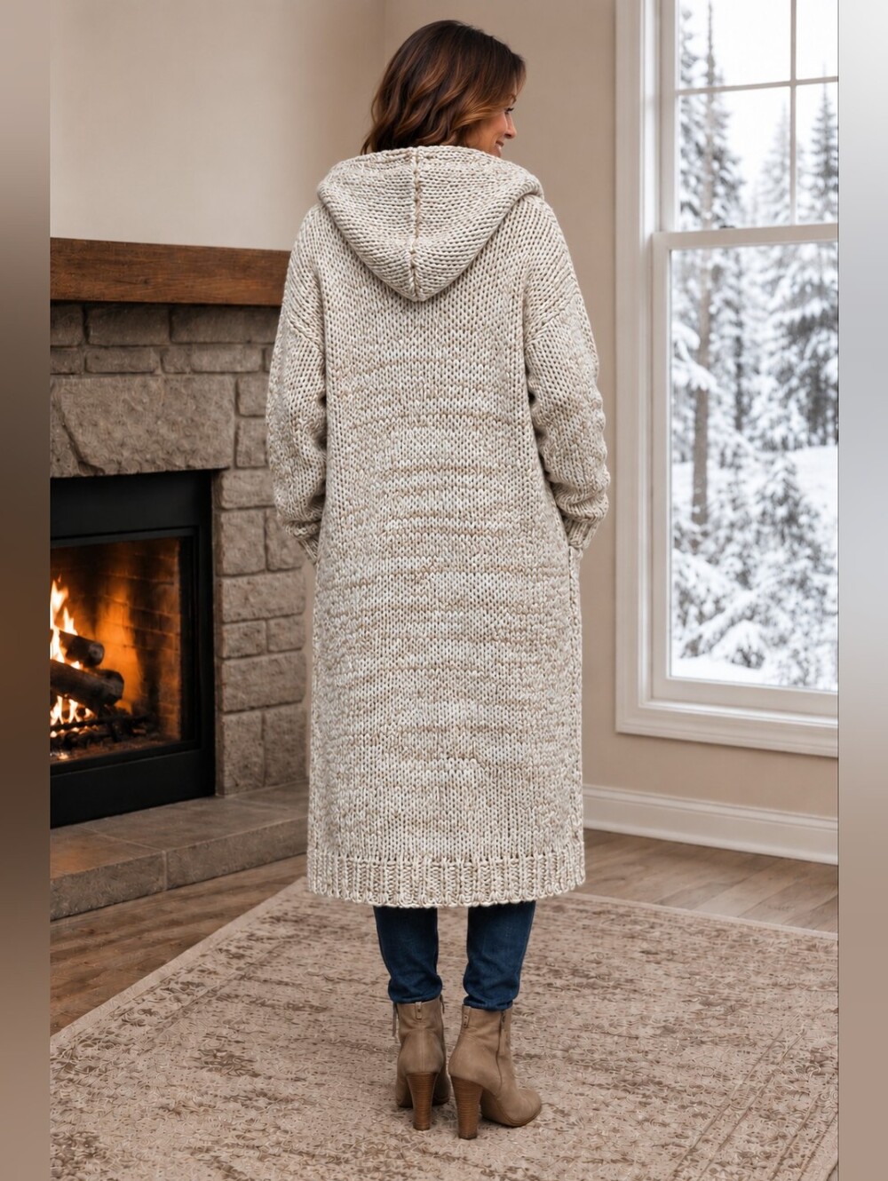 Free People Neutral Chunky Knit Hooded Longline Midi Cardigan Duster Size Small - Picture 2 of 16